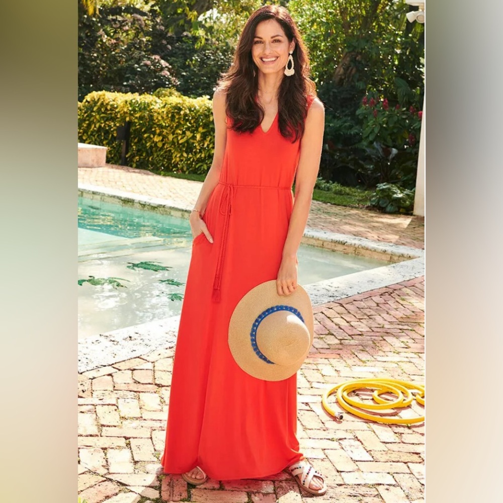 Matilda Jane Orange Sleeveless Maxi Dress Large with Pockets and Tie Waist